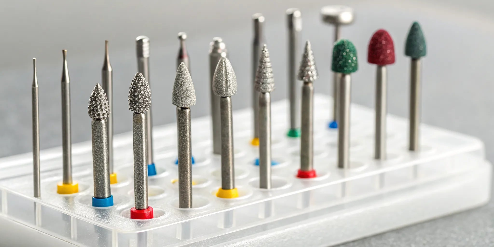 An assortment of diamond burs with various shapes and color bands defining their names and grits.