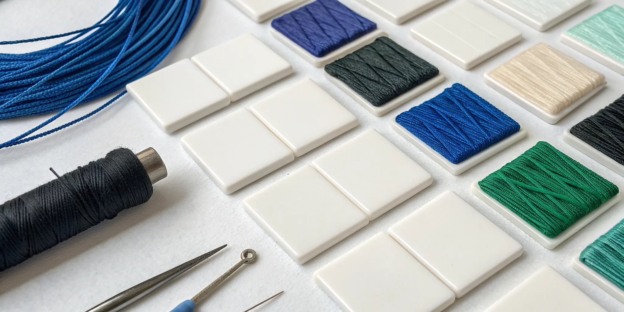 A variety of suture types and needles, showing different materials and sizes for clinical uses.