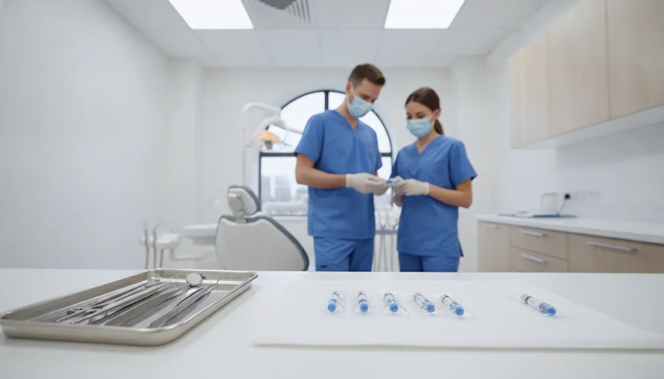 Dental clinician reviewing local anesthetic options on a clinical supply tray