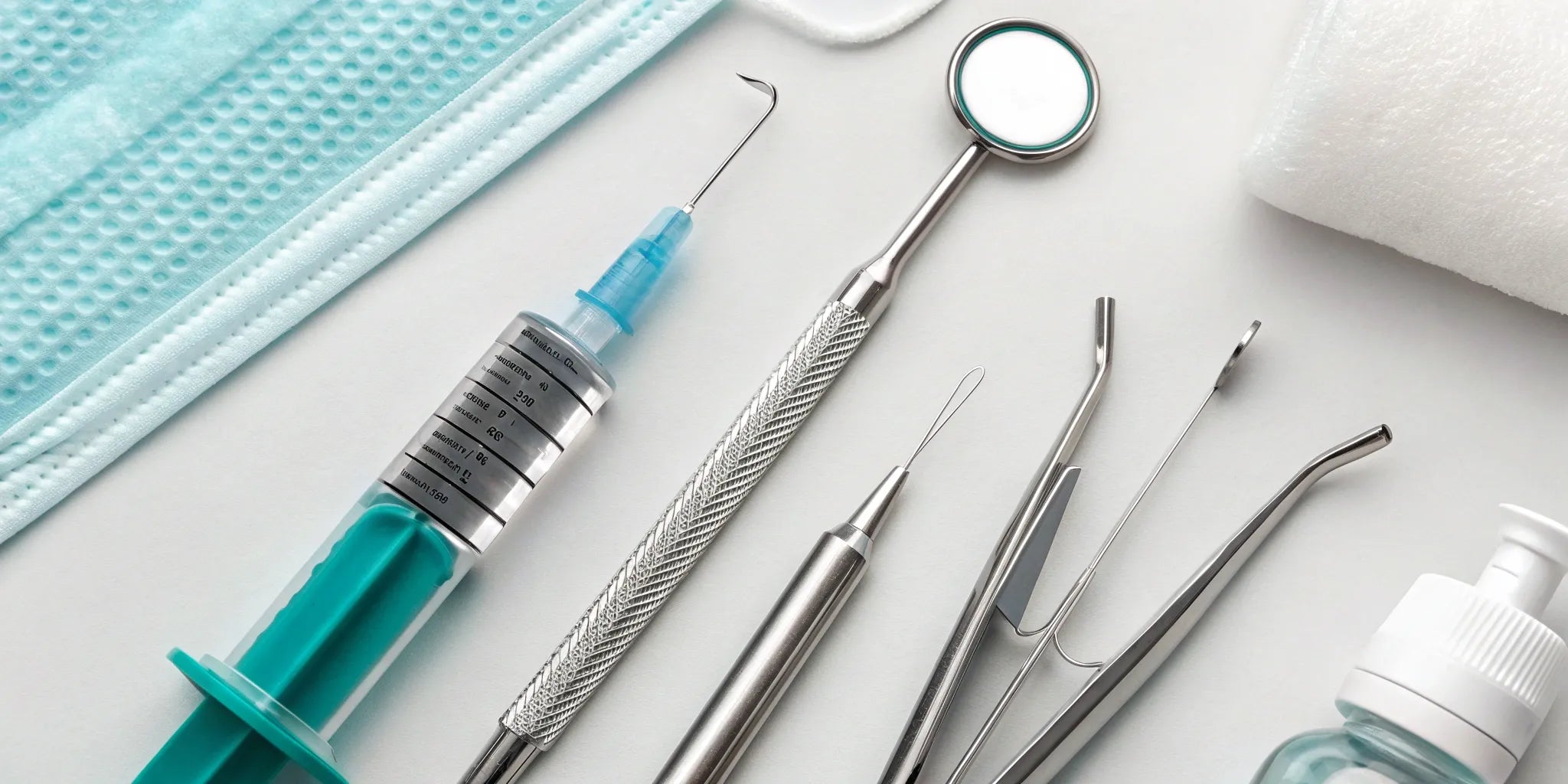 Professional dental tools and a syringe for applying the best numbing gel.