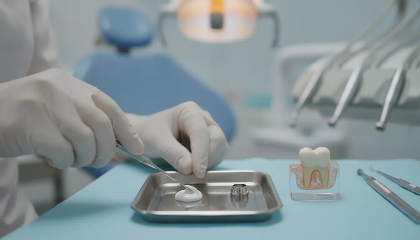Dental professional preparing stainless steel crown cementation supplies