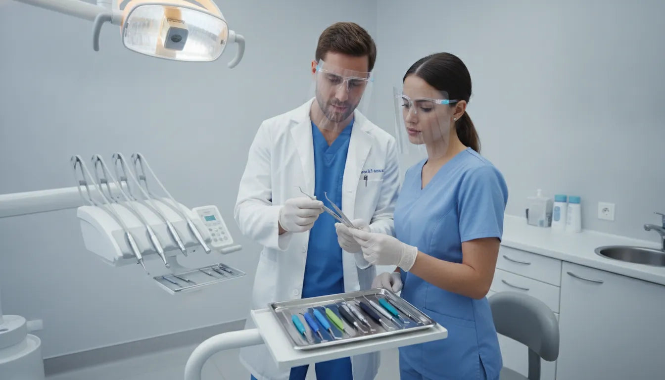 Dental professionals comparing polished hand instruments on a clinical tray