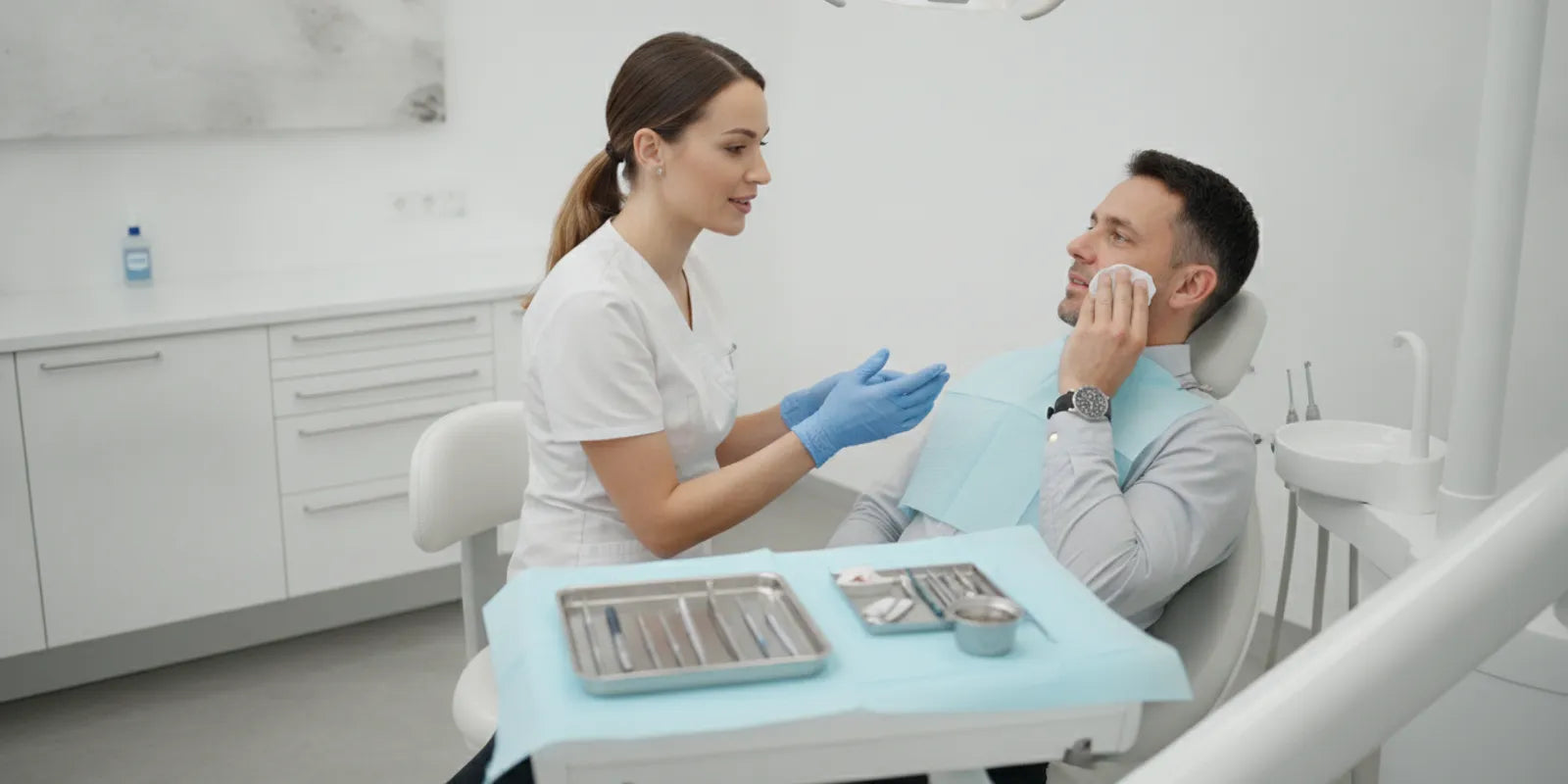 Dental professional reviewing a patient's recovery in a treatment room