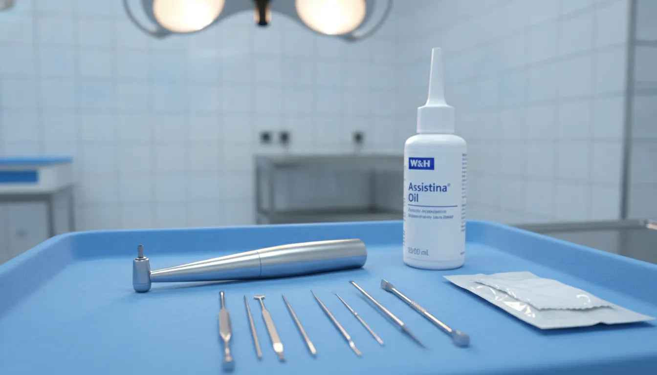 Dental handpiece on a clean sterilization tray with maintenance tools