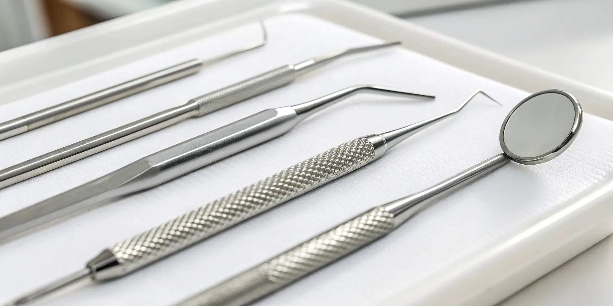 Essential dental instruments like a mirror and explorer arranged on a stainless steel tray.