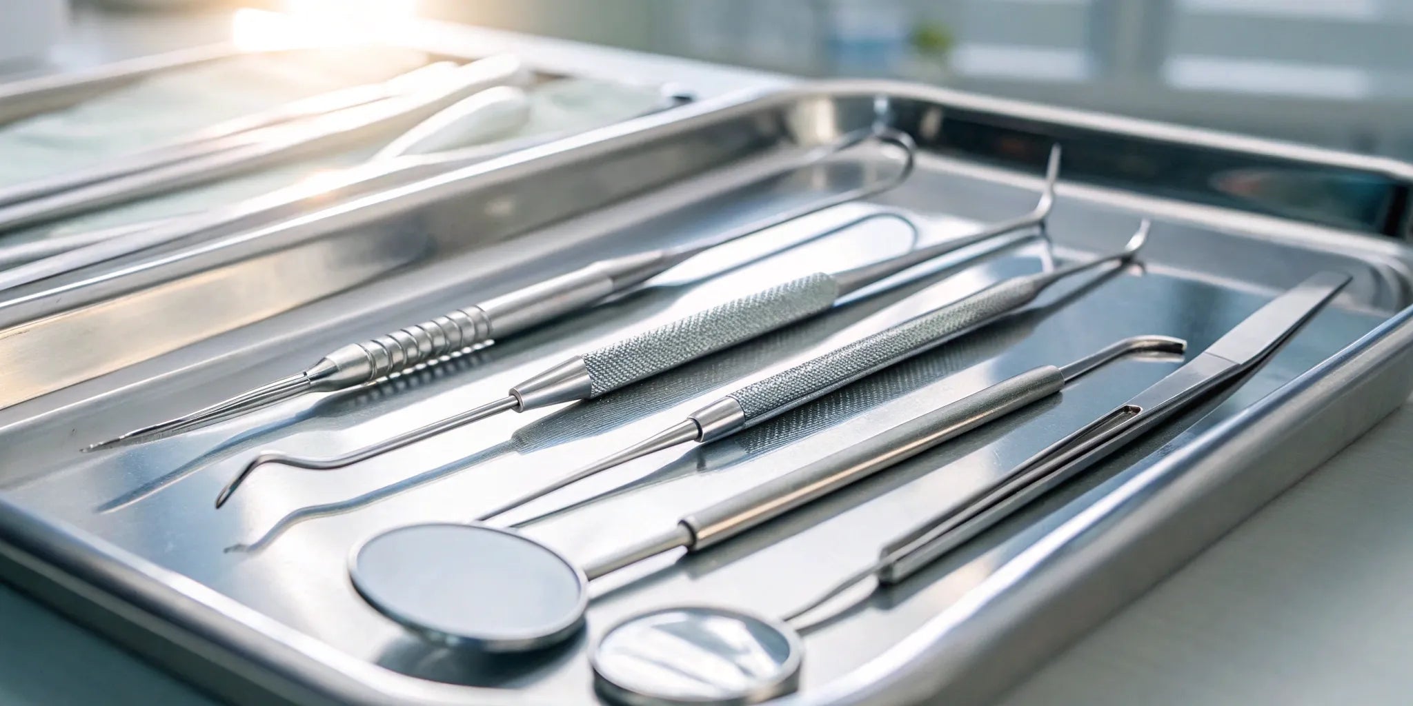 Essential surgical instruments, including forceps and scalpels, arranged on a sterile tray.
