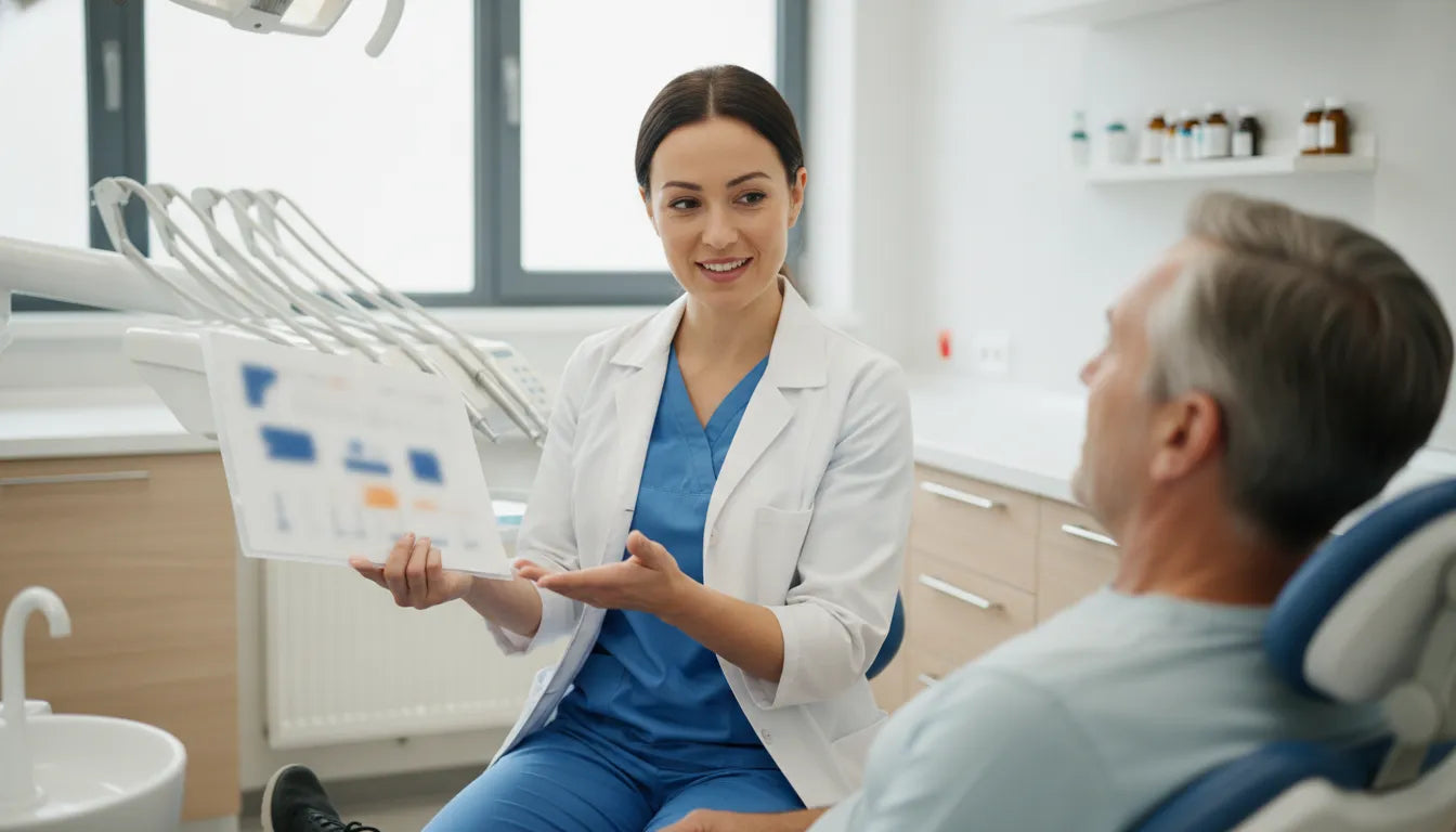 Dental clinician reviewing a medication plan before a procedure