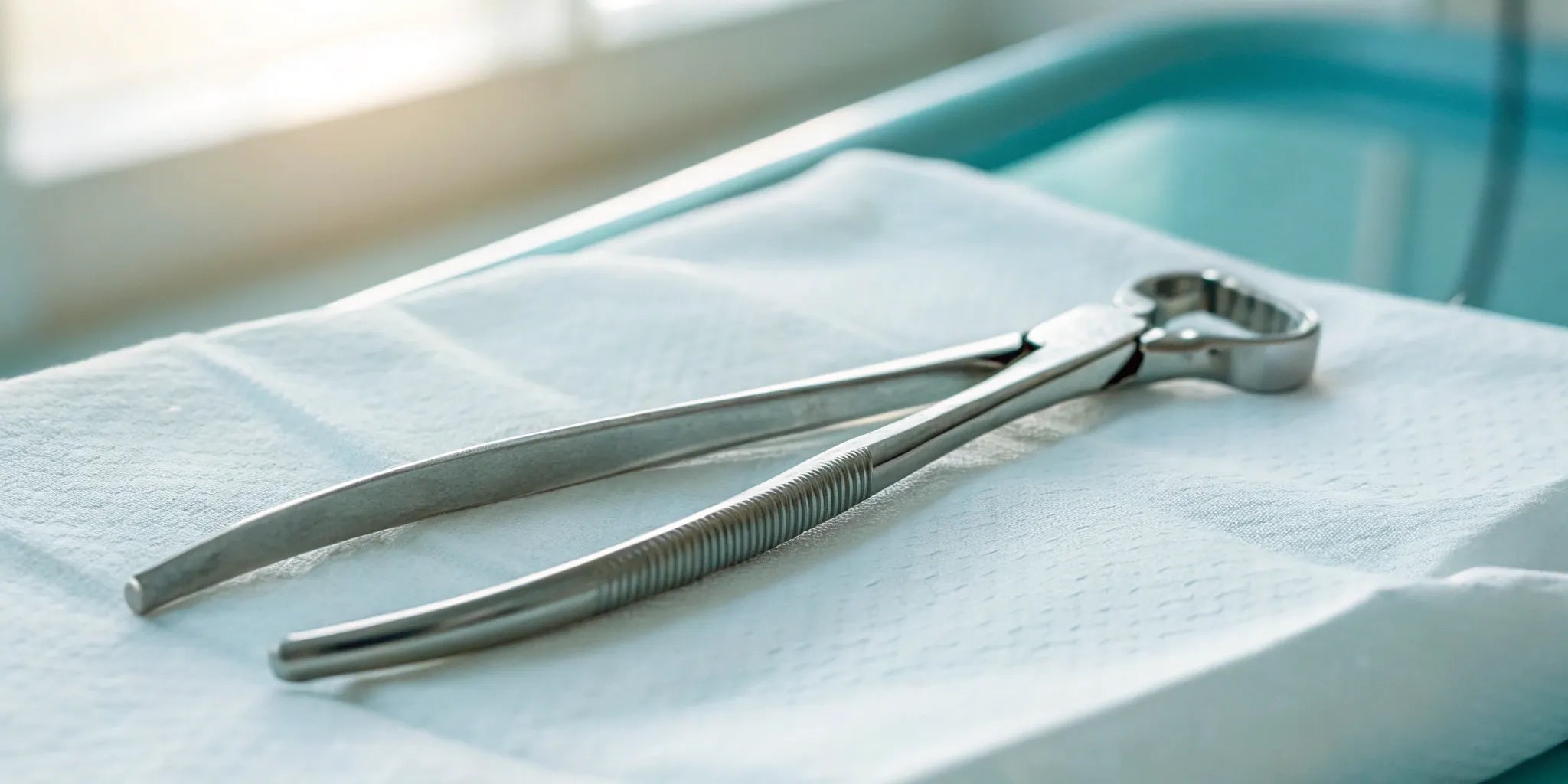 A set of maxillary molar forceps, including left and right types, on a dental tray.