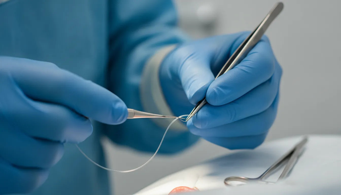 Dental surgeon tying a monofilament suture in oral soft-tissue closure