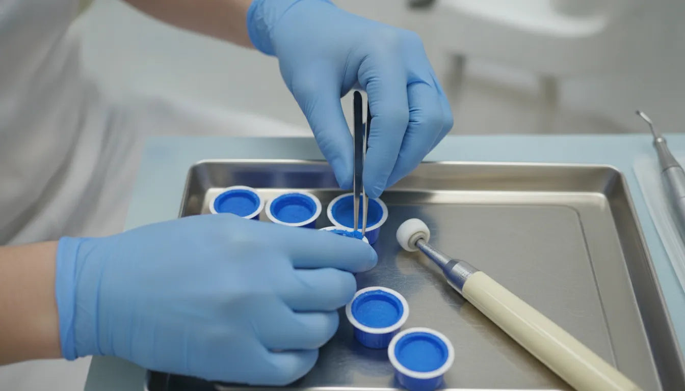 Dental hygienist evaluating prophy paste sample cups on a clinical tray