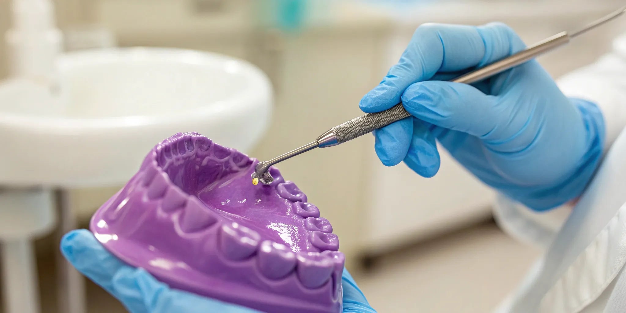 Gloved hands holding a purple PVS dental impression material mold.