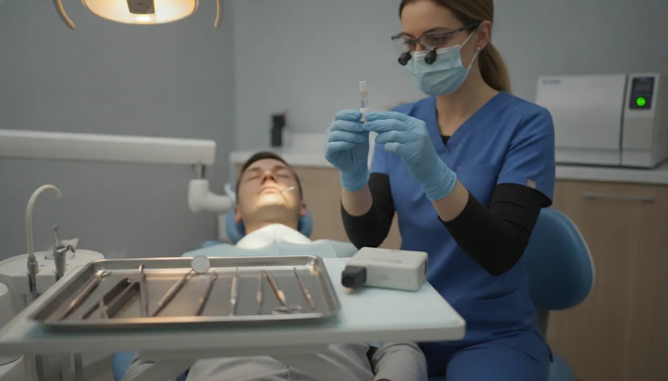 Dental professional reviewing a local anesthetic cartridge before treatment for septocaine dental side effects