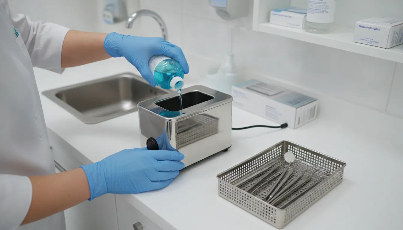 Dental professional changing ultrasonic cleaning solution in an instrument reprocessing area