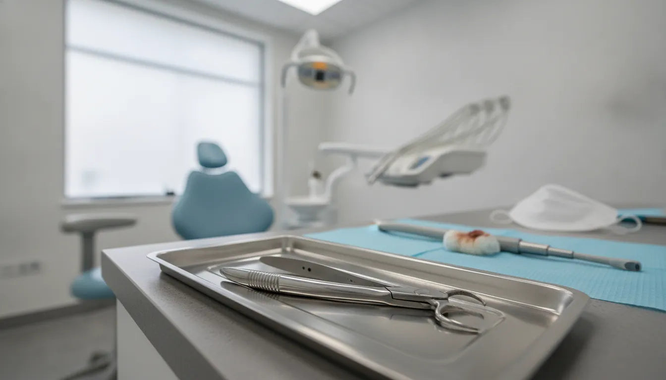 Upper root tip forceps on a sterile dental instrument tray