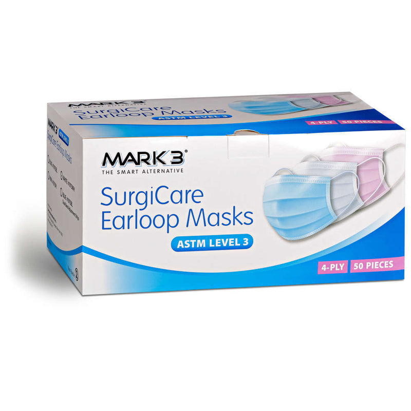 SurgiCare Pink Earloop Face Masks Level 3 4ply 50/bx by MARK3 100-1973PI