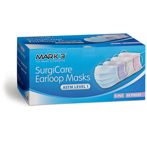 SurgiCare White Earloop Face Masks Level 1 3ply 50/bx by MARK3 100-1971WH