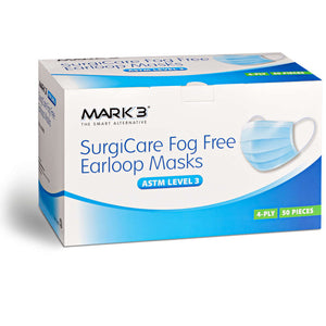 SurgiCare Blue Earloop Face Masks Fog Free Level 3 4ply 50/bx by MARK3 100-1974BL