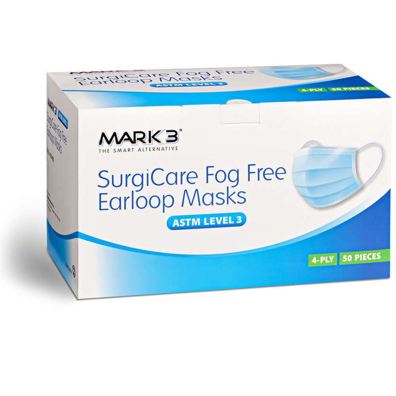SurgiCare Blue Earloop Face Masks Fog Free Level 3 4ply 50/bx by MARK3 100-1974BL
