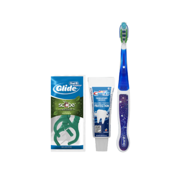 Procter & Gamble | Kids 6+ Solution Manual Bundle Includes Oral-B Kids 6+ Years Toothbrush in Fun Kid’s Graphics, Crest Cavity Protection Sparkle Fun Flavor Toothpaste (.85 Oz), Oral-B Glide Pro-Health Original Floss | 80338957-1