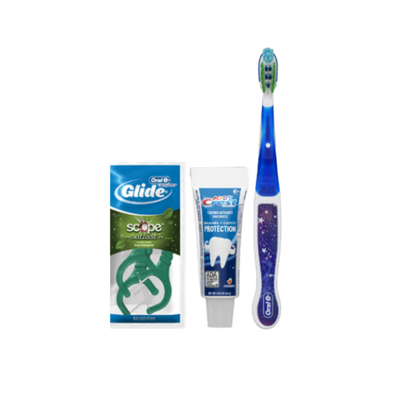 Kids 6+ Solution Manual Bundle Includes Oral-B Kids 6+ Years Toothbrush in Fun Kid’s Graphics, Crest Cavity Protection Sparkle Fun Flavor Toothpaste (.85 Oz), Oral-B Glide Pro-Health Original Floss 80338957-1