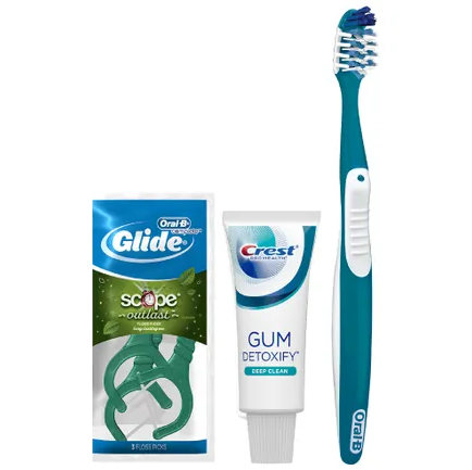 Procter & Gamble | Oral-B Crossaction All-In-One Toothbrush (35 Extra Soft); Crest Pro-Health Gum Detoxify Toothpaste (.85 Oz); Oral-B Glide Plus Scope Outlast Floss Picks, (3-Pack Sachet); Free Patient Sample Bags, 72 Bundles/cs | 80738355-1