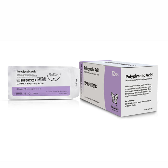 SurgiMac | MacSuture 3-0 30" Undyed Absorbable Coated, Braided, with 19mm C-6 Reverse-Cutting Needle (3/8 Circle), Polyglycolic Acid,12/Box | 18F68CX19