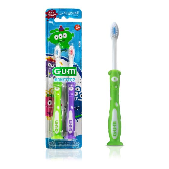 GUM Monsterz Kids’ Toothbrush W/Suction Cup, Ages 2+, Assorted Colors, 1 Dozen 901P