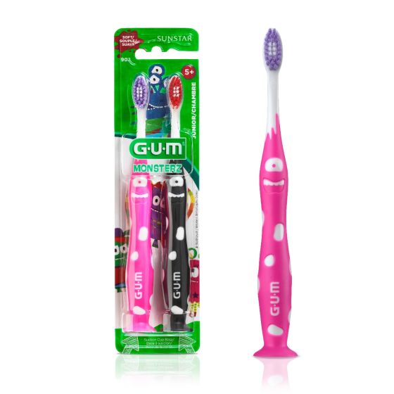 Sunstar | GUM Monsterz Junior Toothbrush W/Suction Cup, Ages 5+, Assorted Colors, 1 Dozen | 902P