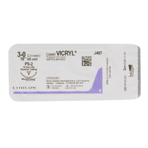 Absorbable Suture with Needle Coated Vicryl™ Polyglactin 910 PS-2 3/8 Circle Precision Reverse Cutting Needle Size 3-0 Braided | SurgiMac Dental Supply