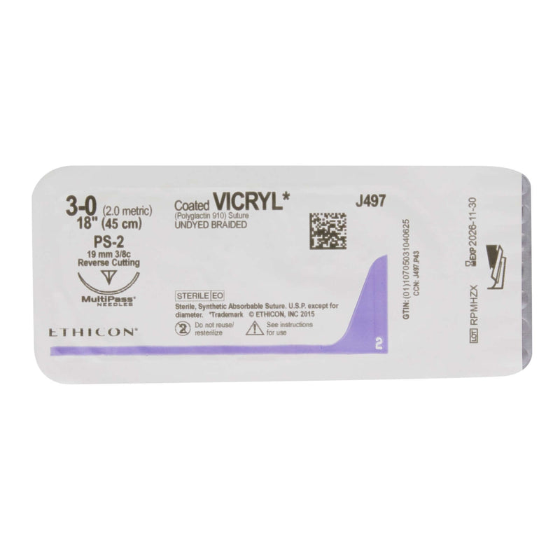 Absorbable Suture with Needle Coated Vicryl™ Polyglactin 910 PS-2 3/8 Circle Precision Reverse Cutting Needle Size 3-0 Braided | SurgiMac Dental Supply