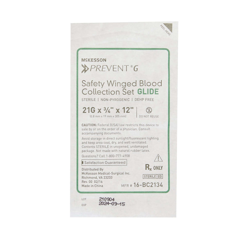 McKesson Prevent G Blood Collection Set 21 Gauge 3/4 Inch Needle Length Safety Needle 12 Inch Tubing Sterile | SurgiMac Dental Supply