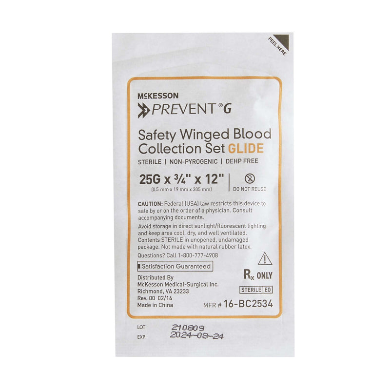 McKesson Prevent G Blood Collection Set 25 Gauge 3/4 Inch Needle Length Safety Needle 12 Inch Tubing Sterile | SurgiMac Dental Supply