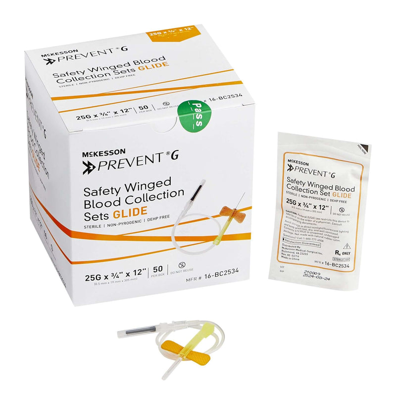 McKesson Prevent G Blood Collection Set 25 Gauge 3/4 Inch Needle Length Safety Needle 12 Inch Tubing Sterile | SurgiMac Dental Supply