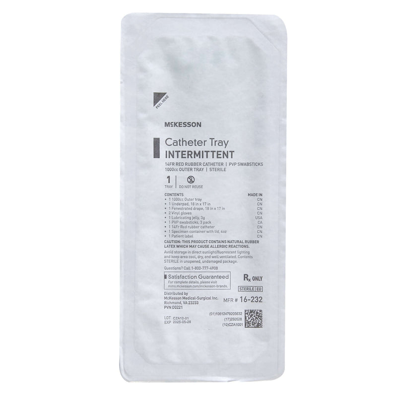 Intermittent Catheter Tray McKesson Urethral 14 Fr. Without Balloon Red Rubber 16-232-1