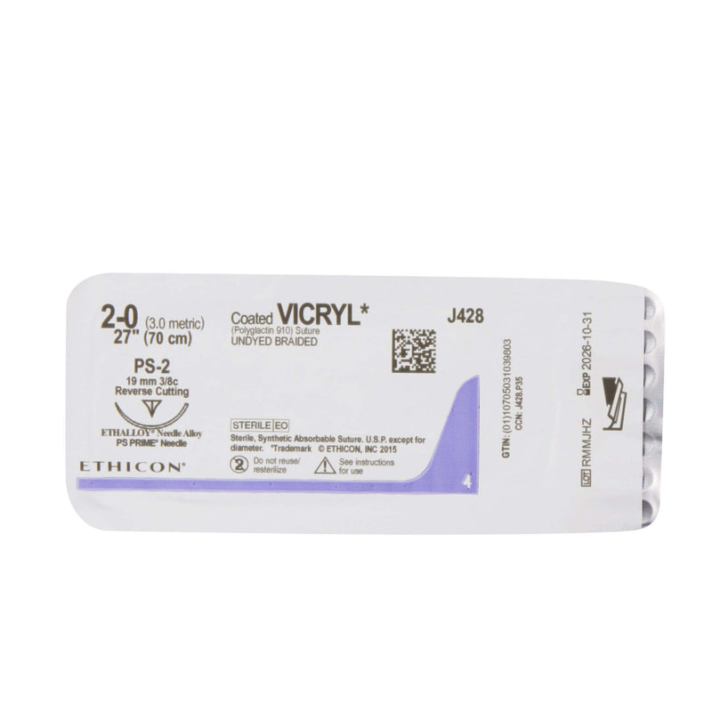 Coated Vicryl™ Polyglactin 910 PS-2 3/8 Circle Precision Reverse Cutting Needle Size 2-0 Braided | SurgiMac Dental Supply