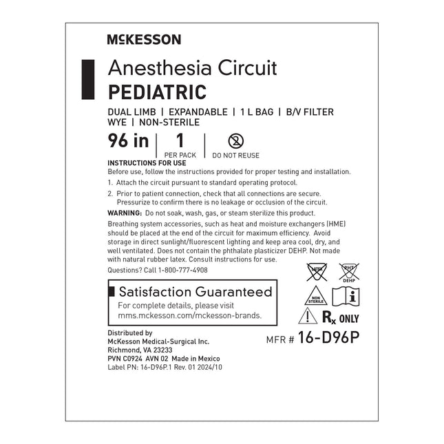 Anesthesia Breathing Circuit McKesson Expandable Tube 96 Inch Tube Dual Limb Pediatric 1 Liter Bag Single Patient Use