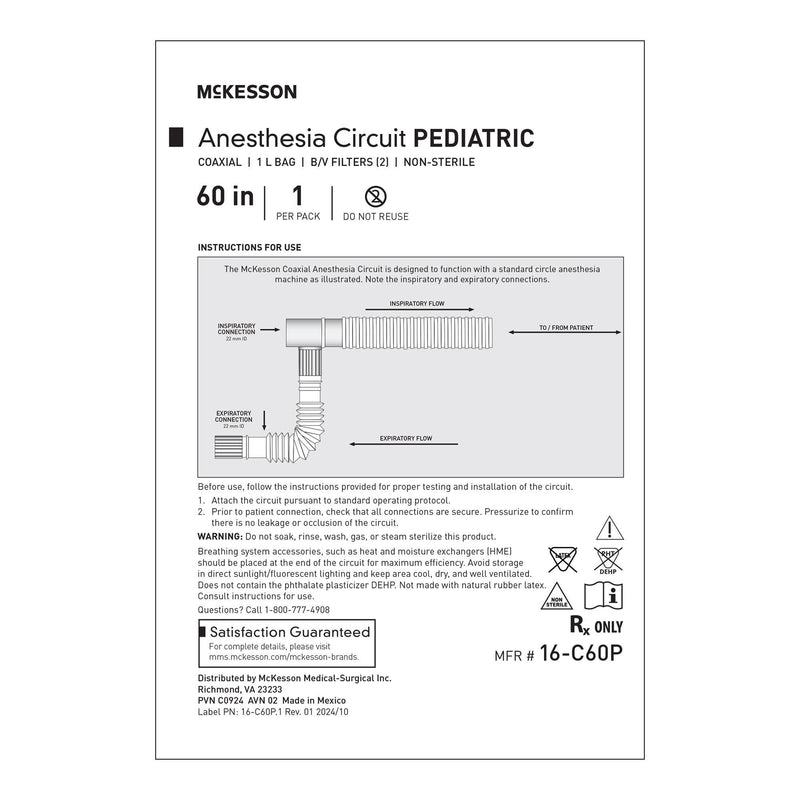 Anesthesia Breathing Circuit McKesson Expandable Tube 60 Inch Tube Single Limb Pediatric 1 Liter Bag Single Patient Use