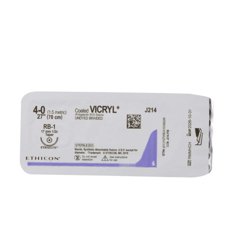 Coated Vicryl™ Polyglactin 910 RB-1 1/2 Circle Taper Point Needle Size 4-0 Braided | SurgiMac Dental Supply