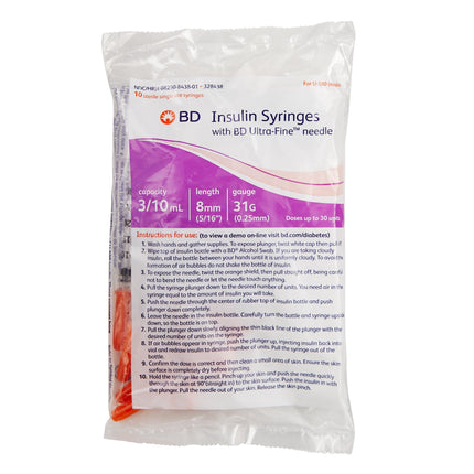 BD | Standard Insulin Syringe with Needle Ultra-Fine™ 0.3 mL 5/16 Inch 31 Gauge NonSafety Regular Wall | 328438