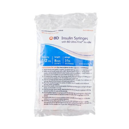 BD Insulin Syringe with Needle Ultra-Fine Lo-Dose 0.5 mL 5/16 Inch 31 Gauge NonSafety Regular Wall 328468-Bx