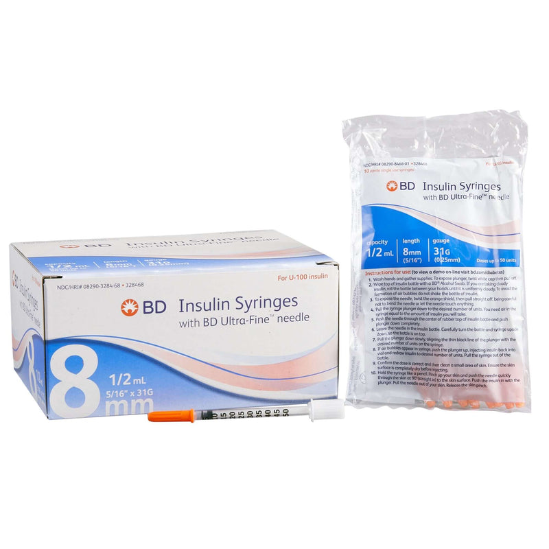 BD Insulin Syringe with Needle Ultra-Fine Lo-Dose 0.5 mL 5/16 Inch 31 Gauge NonSafety Regular Wall 328468-Bx