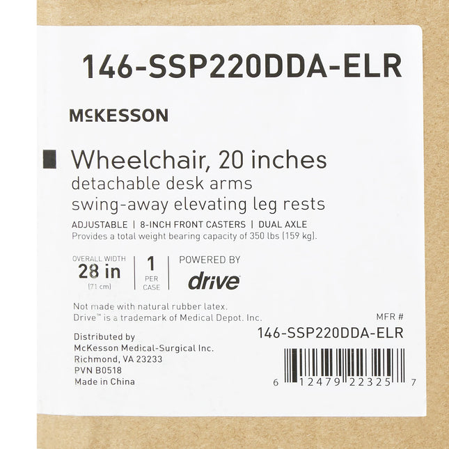 Wheelchair McKesson Dual Axle Desk Length Arm Swing-Away Elevating Legrest Black Upholstery 20 Inch Seat Width Adult 350 lbs. Weight Capacity