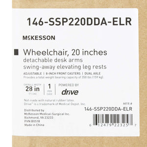 Wheelchair McKesson Dual Axle Desk Length Arm Swing-Away Elevating Legrest Black Upholstery 20 Inch Seat Width Adult 350 lbs. Weight Capacity | SurgiMac Dental Supply