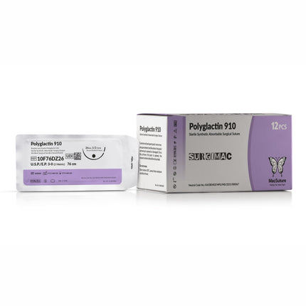 MacSuture 3-0 30" Violet Absorbable Coated Suture, Braided, with 26 mm 1/2 Circle Taper Point Needle, Polyglactin 910, 12/Box