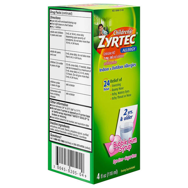 J & J Sales | Children's Allergy Relief Children's Zyrtec 1 mg / 1 mL Strength Syrup 4 oz | 50580072105