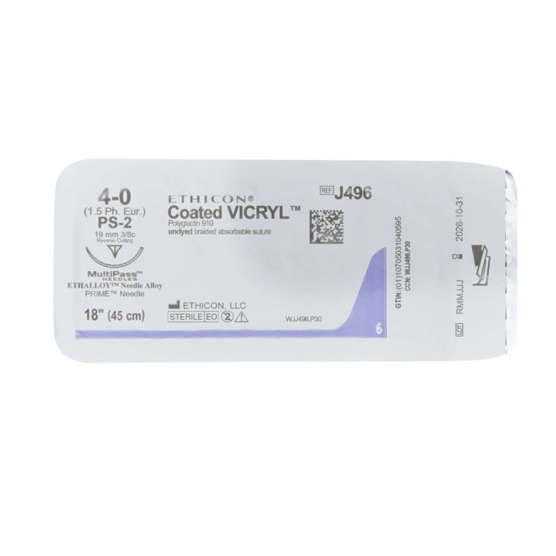 Coated Vicryl™ Polyglactin 910 PS-2 3/8 Circle Precision Reverse Cutting Needle Size 4-0 Braided | SurgiMac Dental Supply
