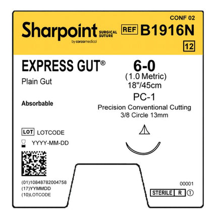 Absorbable Suture with Needle Surgical Specialties Plain Gut PC1 3/8 Circle Precision Conventional Cutting Needle Size 6 - 0