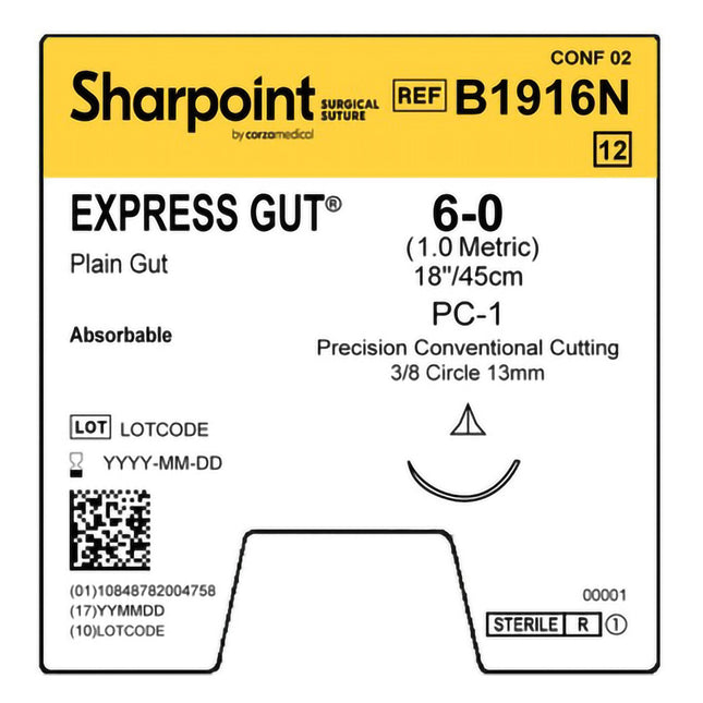 Absorbable Suture with Needle Surgical Specialties Plain Gut PC1 3/8 Circle Precision Conventional Cutting Needle Size 6 - 0 | B1916N | Corza Medical | SurgiMac