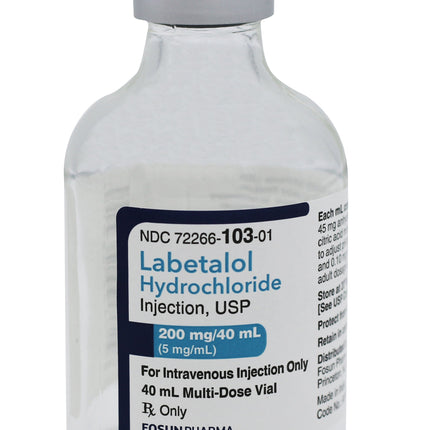 Labetalol HCl 5 mg / mL Injection Multiple-Dose Vial 40mL | 72266010302 | | Antihypertensive Agents, Beta-Adrenergic Blocking Agent, Pharmaceuticals, Rx | Fosun Pharma USA Inc | SurgiMac