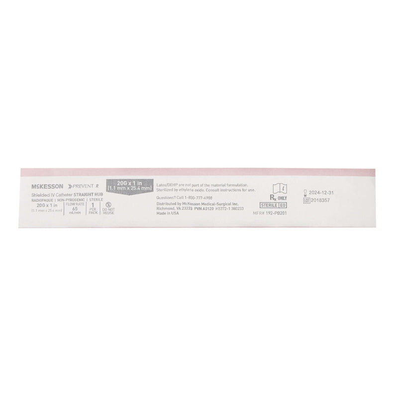 Peripheral IV Catheter McKesson Prevent® R 20 Gauge 1 Inch Button Retracting Safety Needle 380233-BX
